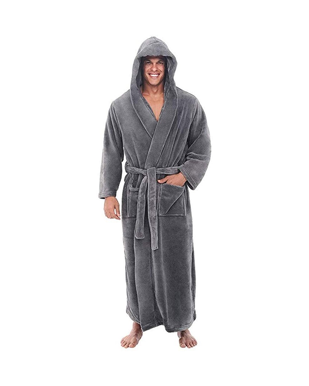 Men's Plush Fleece Robe with Hood Warm Big and Tall Bathrobe Shawl Bathrobe Robe Coat - Pajamas Gray - CJ192WN8UXN $32.42 Robes