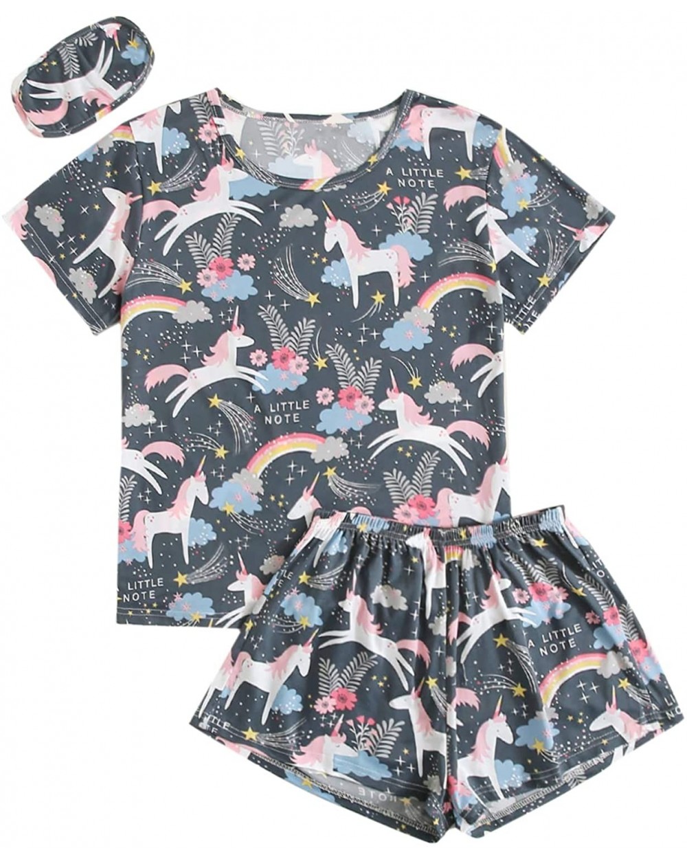 Women's Cartoon Print Pocket Tee and Shorts PJ Pajama Set with Eye Mask - Sky Grey - C9198QS995C $34.00 Sets