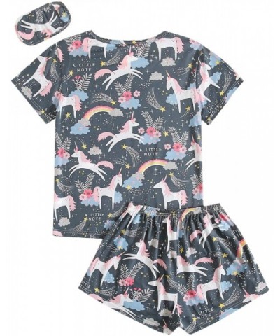 Women's Cartoon Print Pocket Tee and Shorts PJ Pajama Set with Eye Mask - Sky Grey - C9198QS995C $34.00 Sets