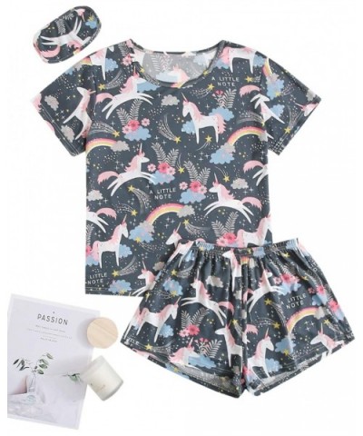 Women's Cartoon Print Pocket Tee and Shorts PJ Pajama Set with Eye Mask - Sky Grey - C9198QS995C $34.00 Sets