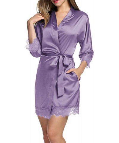 Satin Robe for Women Summer Solid/Floral Kimono Robes Sexy Soft Bride Bridesmaid Bath Robe Sleepwear Nightgowns - C-purple - ...