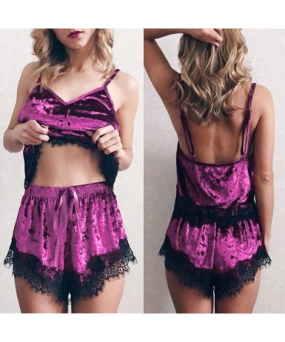 2pcs Lingerie Sets- Womens V-Neck Velvet Cami Top Shorts Lingeries- Nighty Pajama Sets - Purple - CR194T8LDTD $18.36 Sets