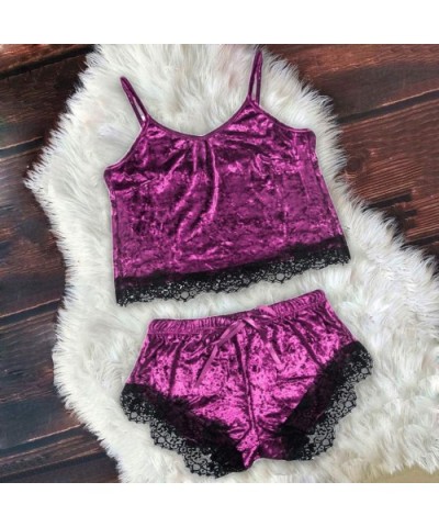 2pcs Lingerie Sets- Womens V-Neck Velvet Cami Top Shorts Lingeries- Nighty Pajama Sets - Purple - CR194T8LDTD $18.36 Sets