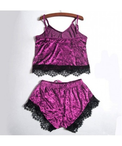 2pcs Lingerie Sets- Womens V-Neck Velvet Cami Top Shorts Lingeries- Nighty Pajama Sets - Purple - CR194T8LDTD $18.36 Sets