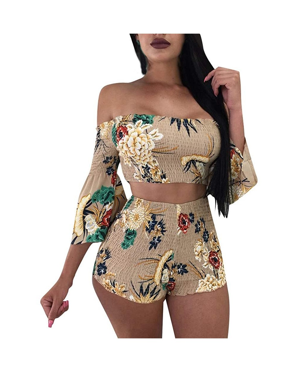 Women Shorts Set Elastic Pants Rubber Band Top Shorts Off Shoulder Crop Top - Khaki - CE190G4YG4T $55.68 Thermal Underwear