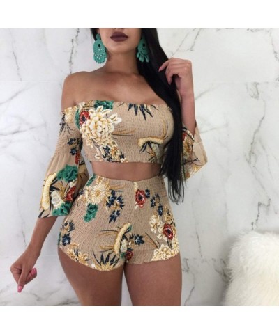 Women Shorts Set Elastic Pants Rubber Band Top Shorts Off Shoulder Crop Top - Khaki - CE190G4YG4T $55.68 Thermal Underwear