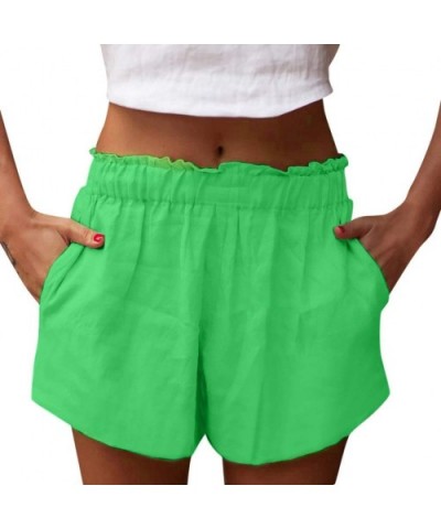 Women Summer Shorts Ruffle Elastic Waist Cotton Linen Casual Loose Solid Short Pants with Pockets S-5XL - Green - C718THYCTQZ...