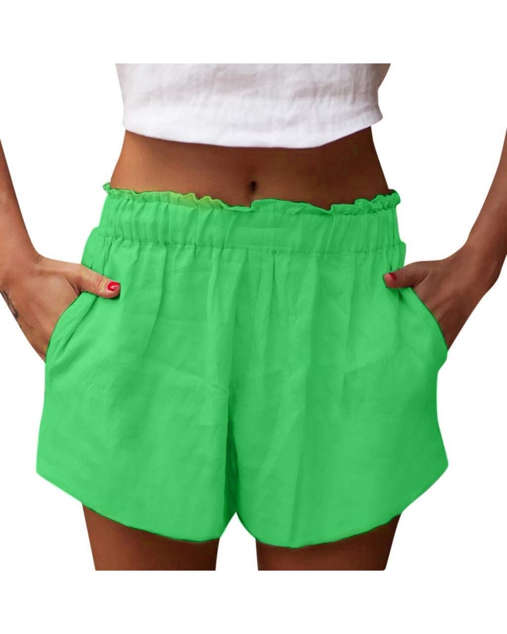 Women Summer Shorts Ruffle Elastic Waist Cotton Linen Casual Loose Solid Short Pants with Pockets S-5XL - Green - C718THYCTQZ...