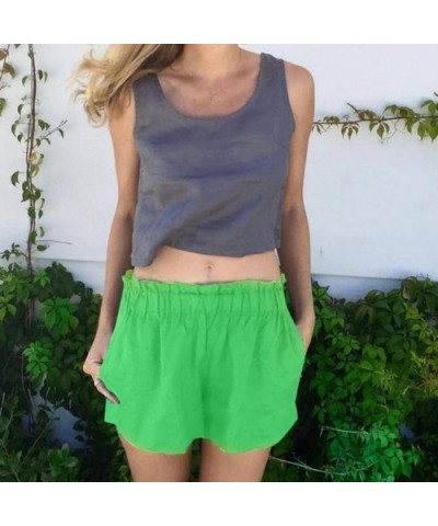 Women Summer Shorts Ruffle Elastic Waist Cotton Linen Casual Loose Solid Short Pants with Pockets S-5XL - Green - C718THYCTQZ...