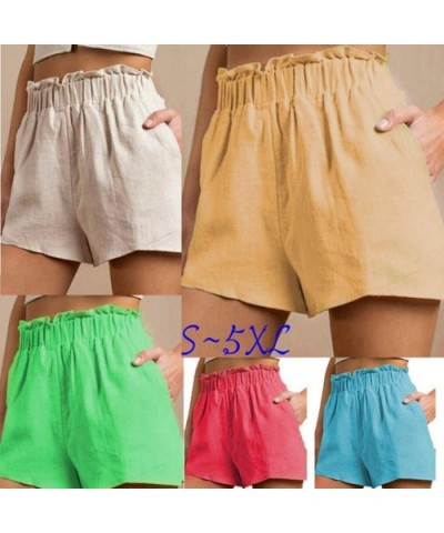 Women Summer Shorts Ruffle Elastic Waist Cotton Linen Casual Loose Solid Short Pants with Pockets S-5XL - Green - C718THYCTQZ...