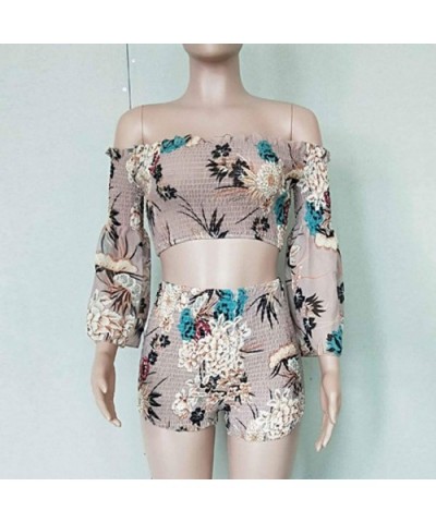 Women Shorts Set Elastic Pants Rubber Band Top Shorts Off Shoulder Crop Top - Khaki - CE190G4YG4T $55.68 Thermal Underwear