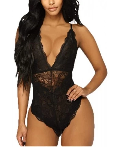 Women V Neck Sexy Lace Snap Crotch Lingerie Teddy Underwear One Piece Babydoll Mini Bodysuits Sling Nightwear Black - CP194EU...