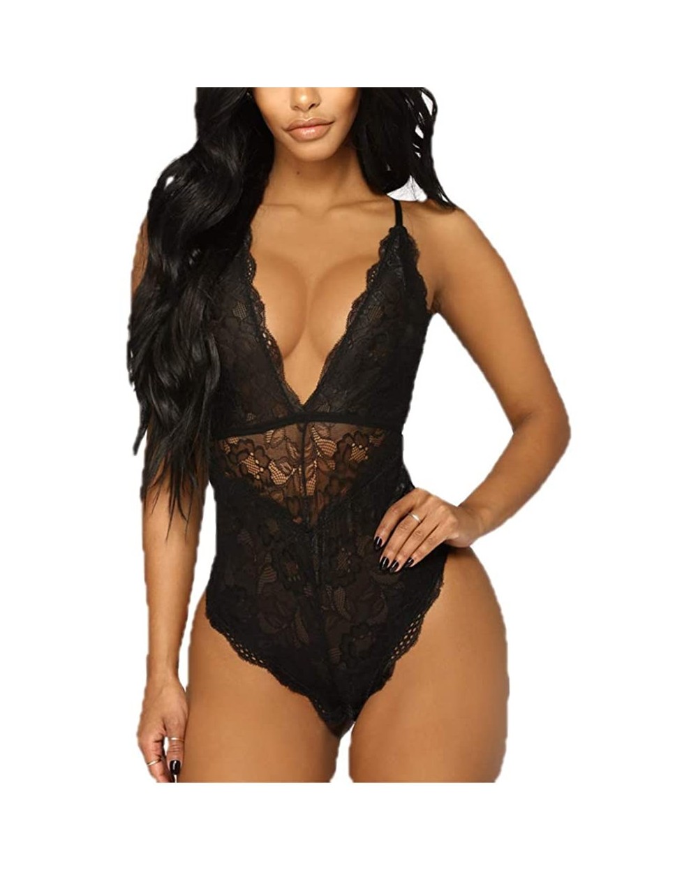 Women V Neck Sexy Lace Snap Crotch Lingerie Teddy Underwear One Piece Babydoll Mini Bodysuits Sling Nightwear Black - CP194EU...