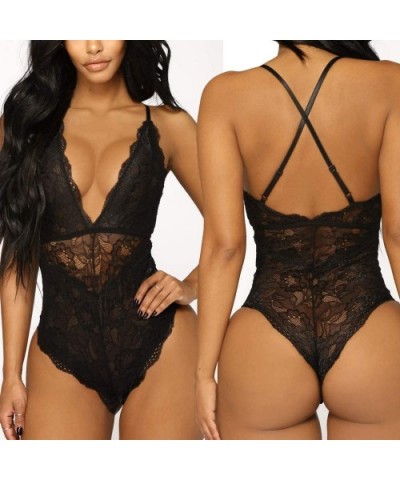 Women V Neck Sexy Lace Snap Crotch Lingerie Teddy Underwear One Piece Babydoll Mini Bodysuits Sling Nightwear Black - CP194EU...