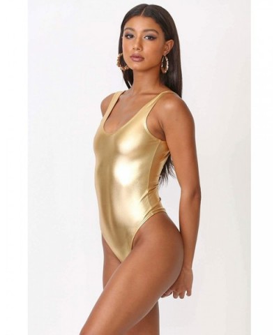 Women's Faux Leather Tank Thong Bodysuit - Gold - CN188RCQZT9 $28.83 Shapewear