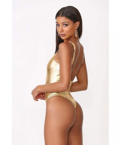 Women's Faux Leather Tank Thong Bodysuit - Gold - CN188RCQZT9 $28.83 Shapewear