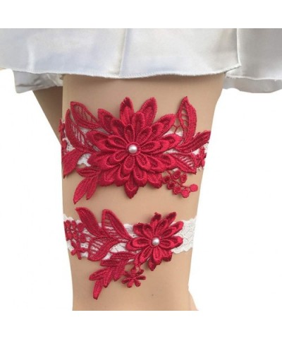 Lace Wedding Bridal Garter Belt Toss Away Prom Garters Flower Leaf Stretch Garter Belt for Bride Dress - Red - C518URMQO4Q $1...