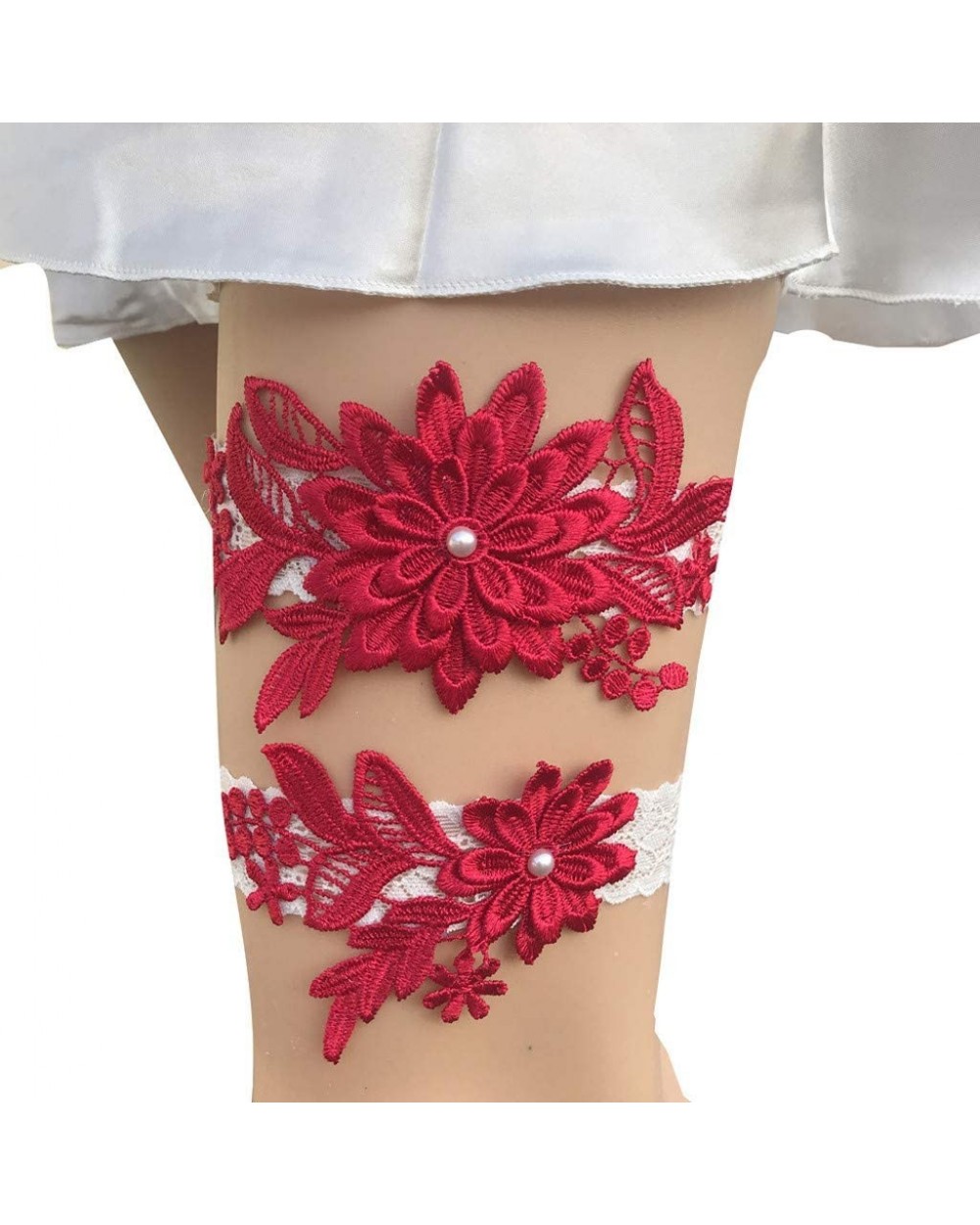 Lace Wedding Bridal Garter Belt Toss Away Prom Garters Flower Leaf Stretch Garter Belt for Bride Dress - Red - C518URMQO4Q $1...