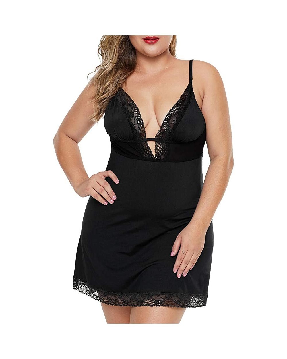 Women Lace Plus Size Nightdress Sexy Lingerie Nightdress Skirt Camisole Sexy Pajamas Underwear S-3XL - Black - C4194AE8G8T $1...