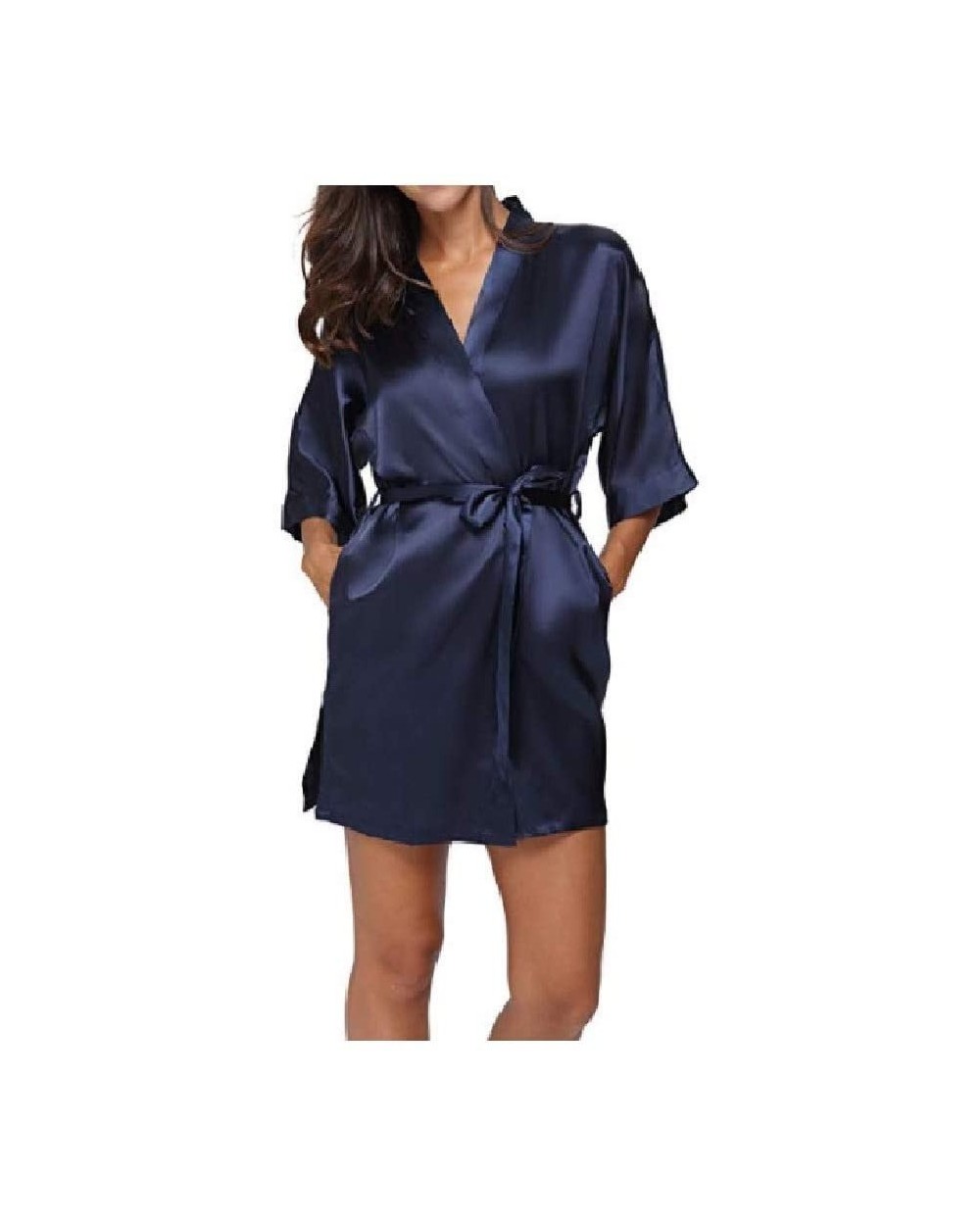 Women's Short Solid-Colored Bridesmaid Charmeuse Cardigan Lounge Robe Dark Blue S - Dark Blue - C519DCTMQLA $39.71 Robes