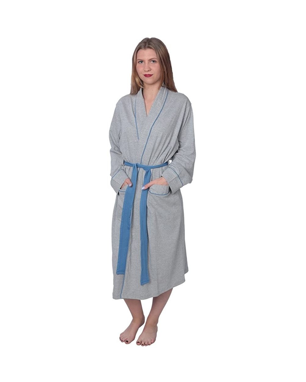 Women's Soft Jersey Knit Cotton Blend Wrap Robe Sleepwear with Piping - Heather Gray - C1180ZY98QT $28.14 Robes