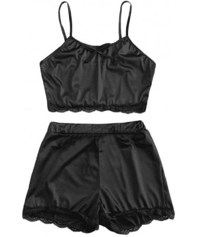 Nightwear-Women Sleepwear Sleeveless Bow Lingerie Lace Trim Satin Top Pajama Set - Black - CA18NRO3AQ6 $13.57 Sets