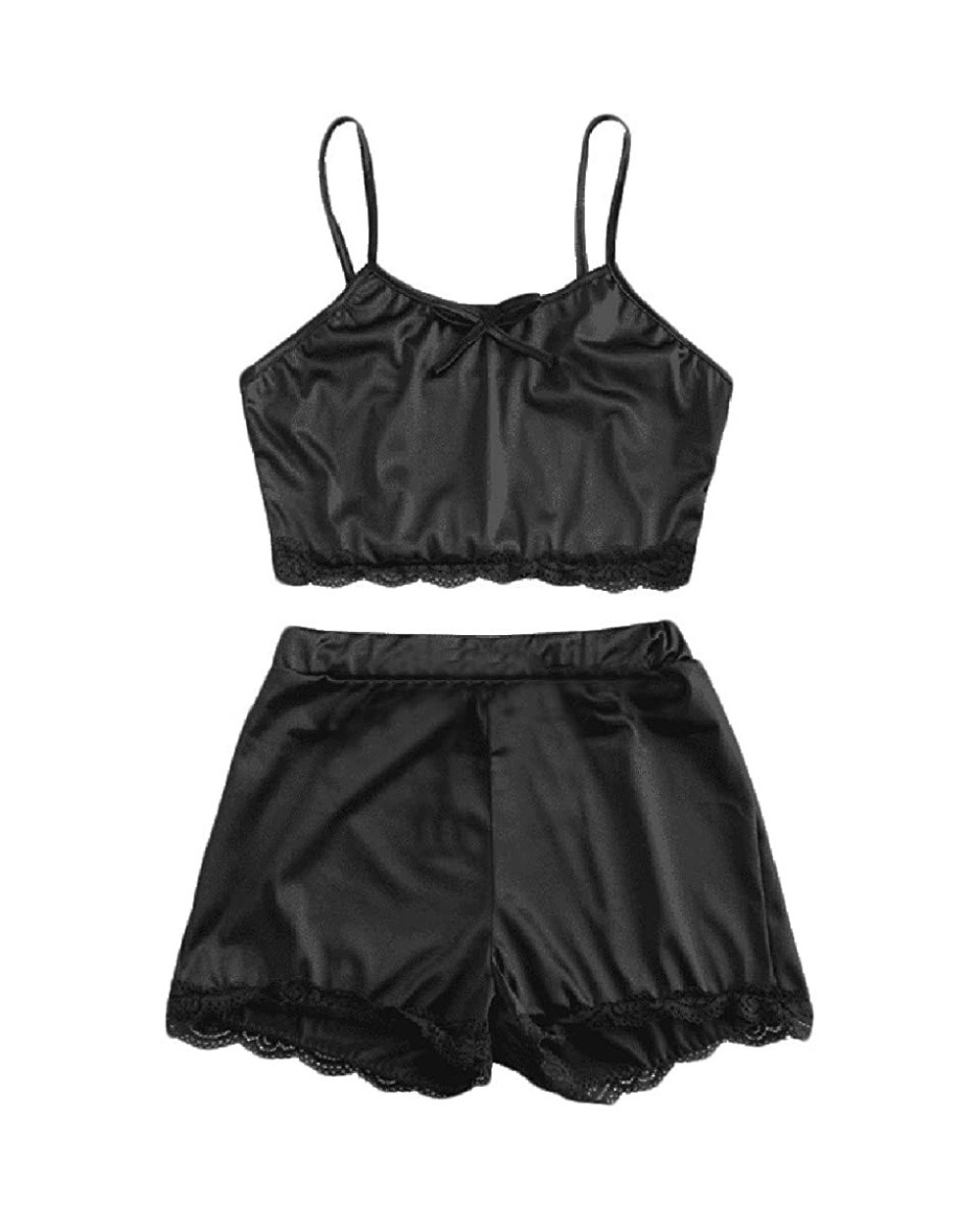 Nightwear-Women Sleepwear Sleeveless Bow Lingerie Lace Trim Satin Top Pajama Set - Black - CA18NRO3AQ6 $13.57 Sets