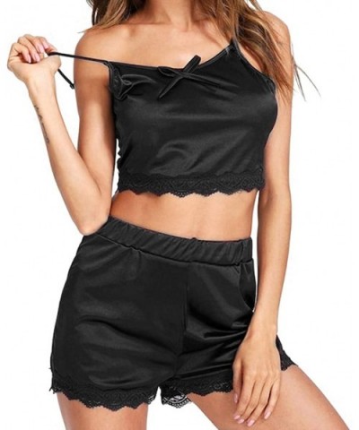 Nightwear-Women Sleepwear Sleeveless Bow Lingerie Lace Trim Satin Top Pajama Set - Black - CA18NRO3AQ6 $13.57 Sets