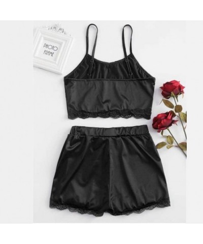 Nightwear-Women Sleepwear Sleeveless Bow Lingerie Lace Trim Satin Top Pajama Set - Black - CA18NRO3AQ6 $13.57 Sets