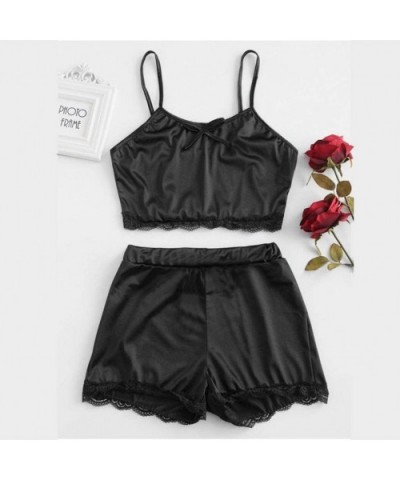 Nightwear-Women Sleepwear Sleeveless Bow Lingerie Lace Trim Satin Top Pajama Set - Black - CA18NRO3AQ6 $13.57 Sets