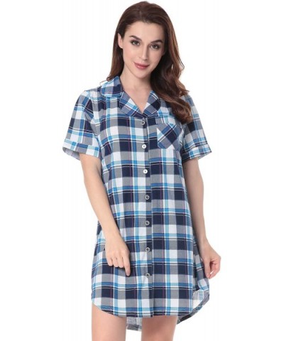 Womens Nightshirt Short Sleeves Pajama Boyfriend Shirt Dress Nightie Sleepwear PJ - Style 2 - Blue Plaid - CY18R9T3T35 $38.75...