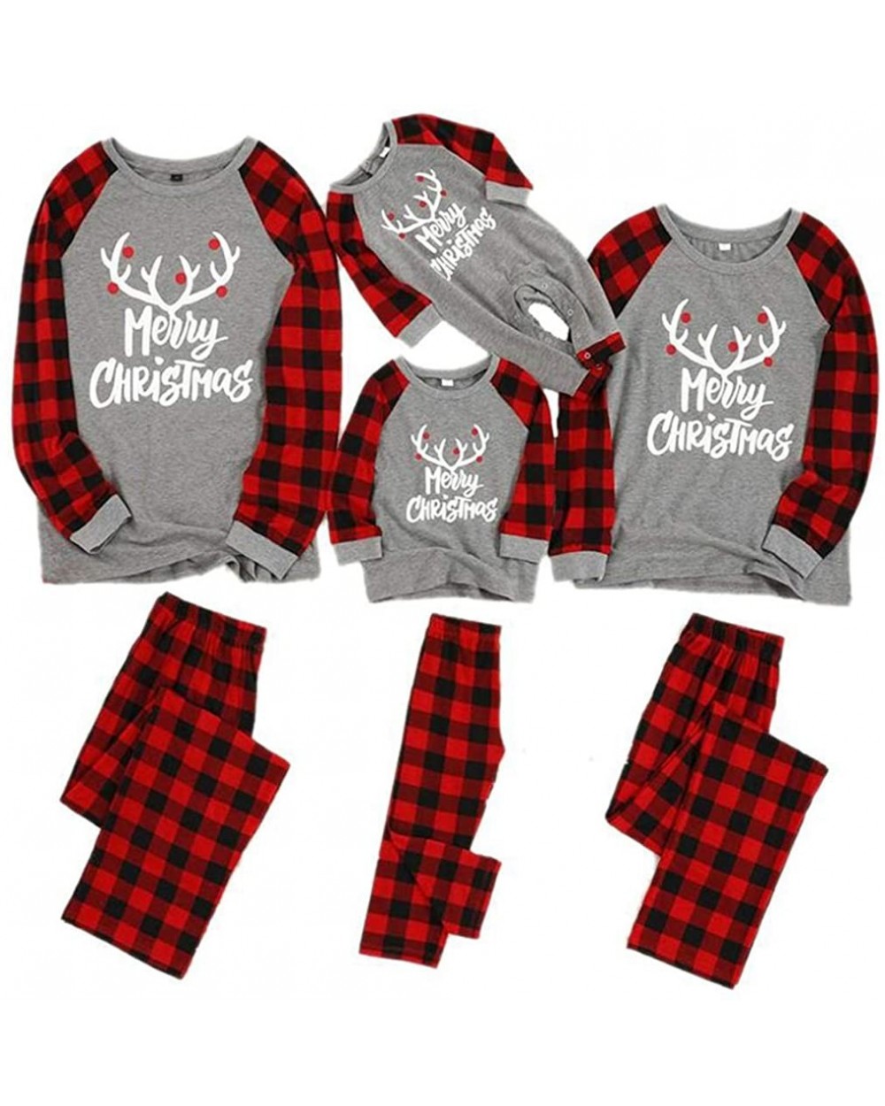 Matching Family Pajamas Sets Christmas with Letter Printed Long Sleeve Tee and Red Plaid Pants Loungewear - Grey - CO192I02C5...