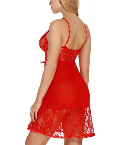 Christmas Dress Women Sexy Santa Lingerie Lace Trim Babydoll Red Chemise - 3-red - CK18YKOHTAY $23.25 Baby Dolls & Chemises