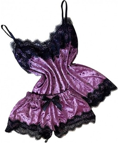 New Women Sexy Lingerie Camisole Bow Shorts V-Neck Tops Velvet Pajamas Sleepwear - E - C4195NIDGRY $20.66 Sets