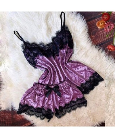 New Women Sexy Lingerie Camisole Bow Shorts V-Neck Tops Velvet Pajamas Sleepwear - E - C4195NIDGRY $20.66 Sets