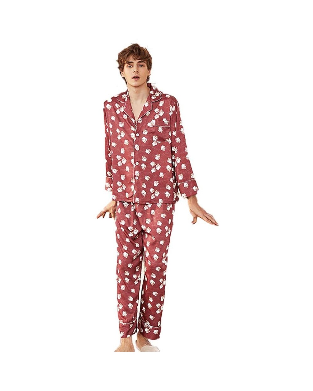 Mens Pyjamas/Thin Section Two-Piece Bathrobe Long Sleeve V-Neck Knitting Kimono Pajamas-Red-XXL - Red - CM193NIRTHR $52.21 Robes