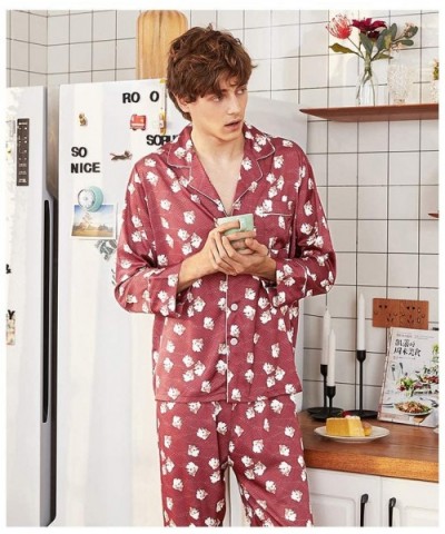 Mens Pyjamas/Thin Section Two-Piece Bathrobe Long Sleeve V-Neck Knitting Kimono Pajamas-Red-XXL - Red - CM193NIRTHR $52.21 Robes