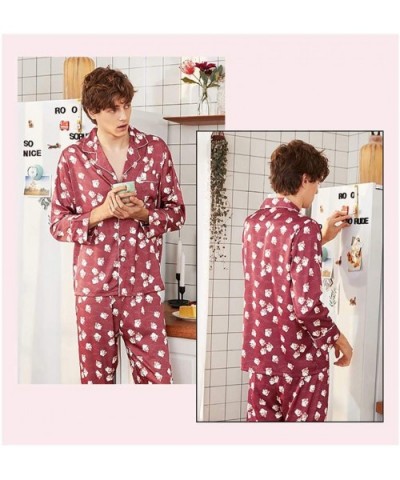 Mens Pyjamas/Thin Section Two-Piece Bathrobe Long Sleeve V-Neck Knitting Kimono Pajamas-Red-XXL - Red - CM193NIRTHR $52.21 Robes