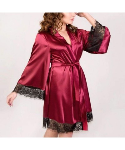 Women Sexy Silk Kimono Dress Gown Bath Robe Babydoll Lingerie Set Nightdress Satin Soft Sleepwear with Belt Winered - CD193XS...