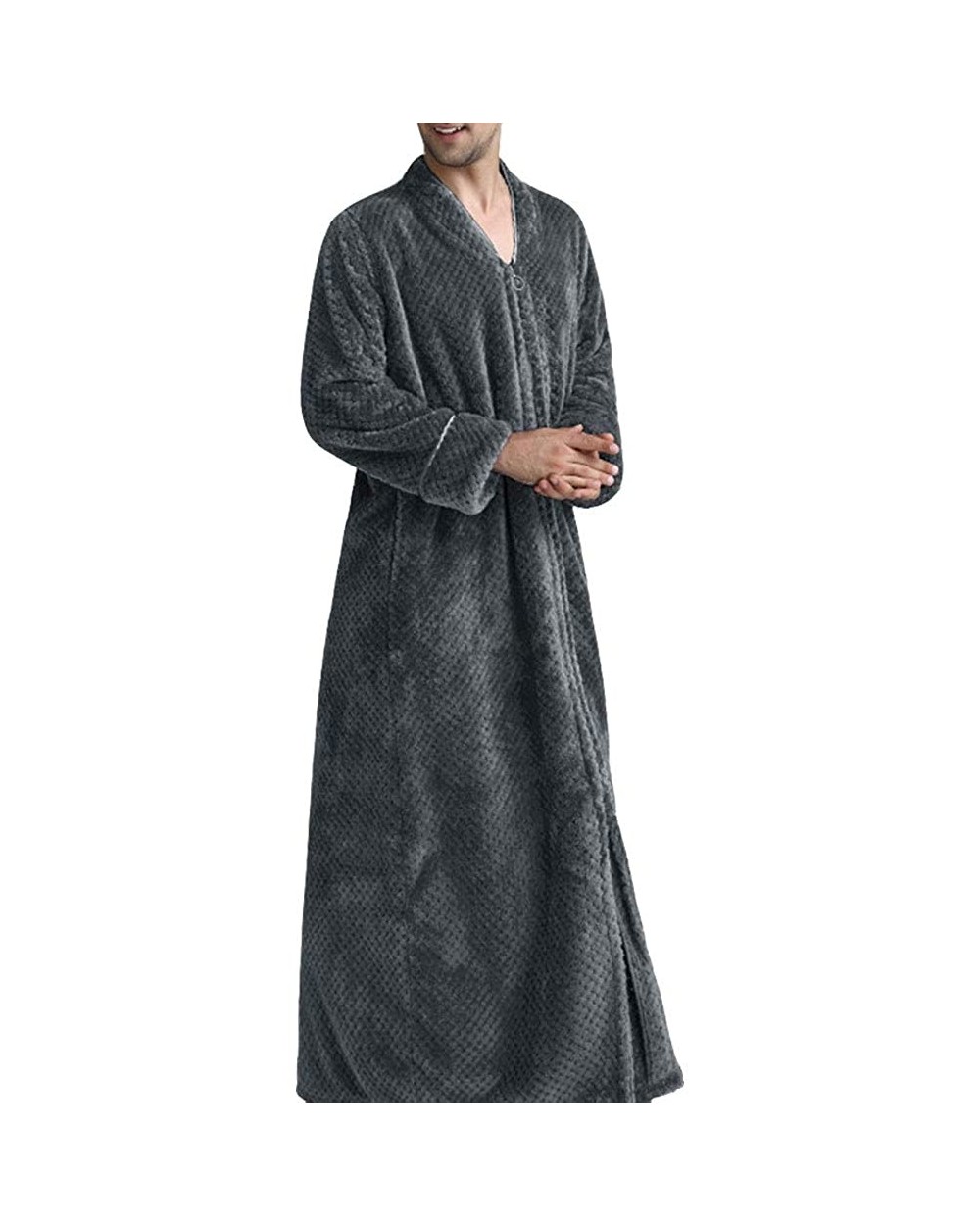 Men's Zip Up Front Flannel Bathrobe Waffle Plush Fleece Long Sleeve Loose Robes - Grey - CB19324HUSD $67.96 Robes