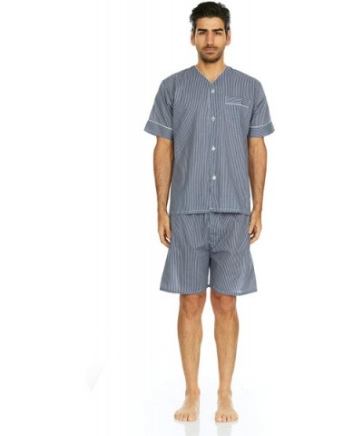 Mens Cotton Yarn Dyed Short Sleeve Short Leg Printed Pajamas Set - Navy Stripe - CA18LZ26OWY $32.21 Sleep Sets