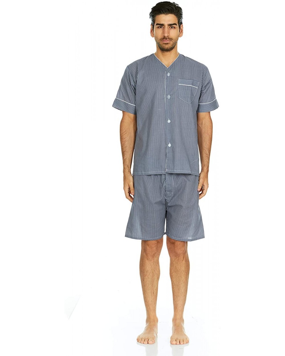 Mens Cotton Yarn Dyed Short Sleeve Short Leg Printed Pajamas Set - Navy Stripe - CA18LZ26OWY $32.21 Sleep Sets