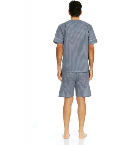 Mens Cotton Yarn Dyed Short Sleeve Short Leg Printed Pajamas Set - Navy Stripe - CA18LZ26OWY $32.21 Sleep Sets