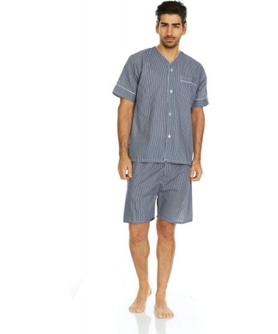 Mens Cotton Yarn Dyed Short Sleeve Short Leg Printed Pajamas Set - Navy Stripe - CA18LZ26OWY $32.21 Sleep Sets