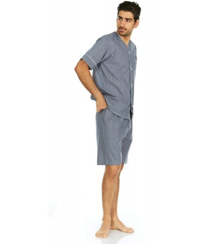 Mens Cotton Yarn Dyed Short Sleeve Short Leg Printed Pajamas Set - Navy Stripe - CA18LZ26OWY $32.21 Sleep Sets