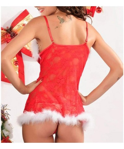 Women Sexy Christmas Festival Red Hollow Red Lingerie Siamese Thong Set Nightdress Underwear Set - Red - CL18A64U8LL $21.44 G...