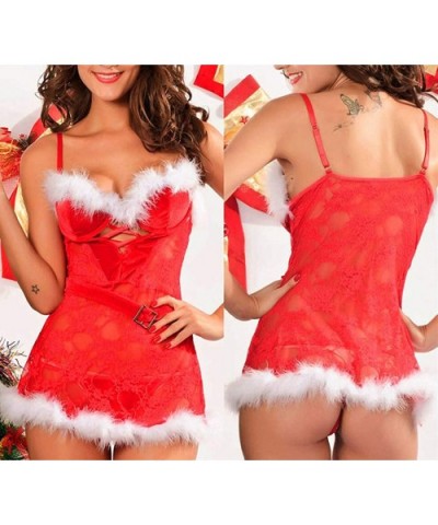 Women Sexy Christmas Festival Red Hollow Red Lingerie Siamese Thong Set Nightdress Underwear Set - Red - CL18A64U8LL $21.44 G...