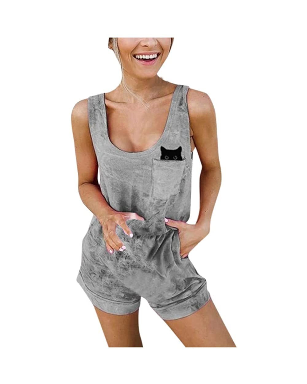 Two Piece Outfits for Women-Tie Dye Rompers Print Short Sleeves Pants Jumpsuit with Pockets Elastic Waist Tigivemen - Gray - ...