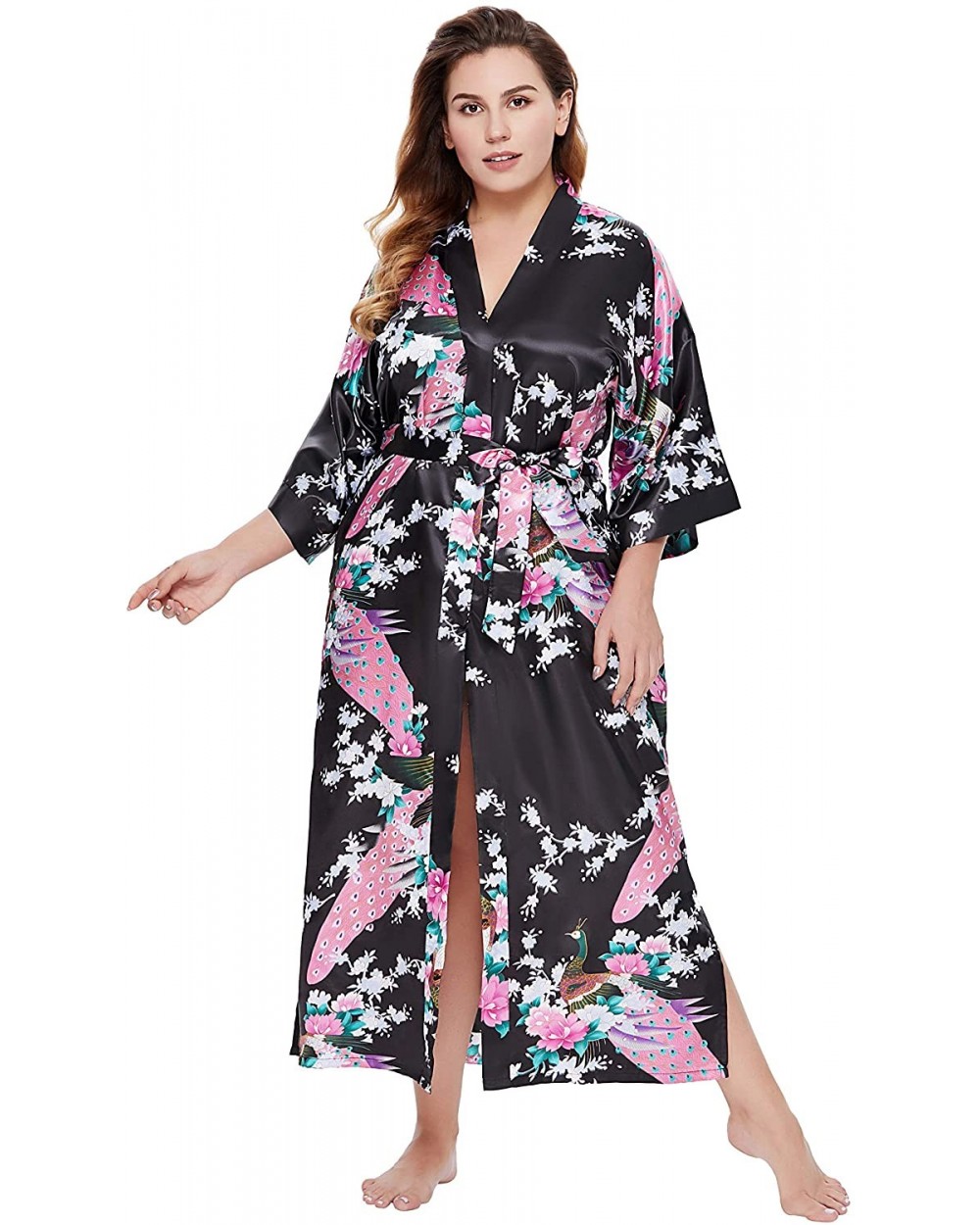 Women's Plus Size Kimono Robe Long Robes with Peacock and Blossoms Printed Plus Size Kimono Outfit - Black - C118AOOGG5S $51....