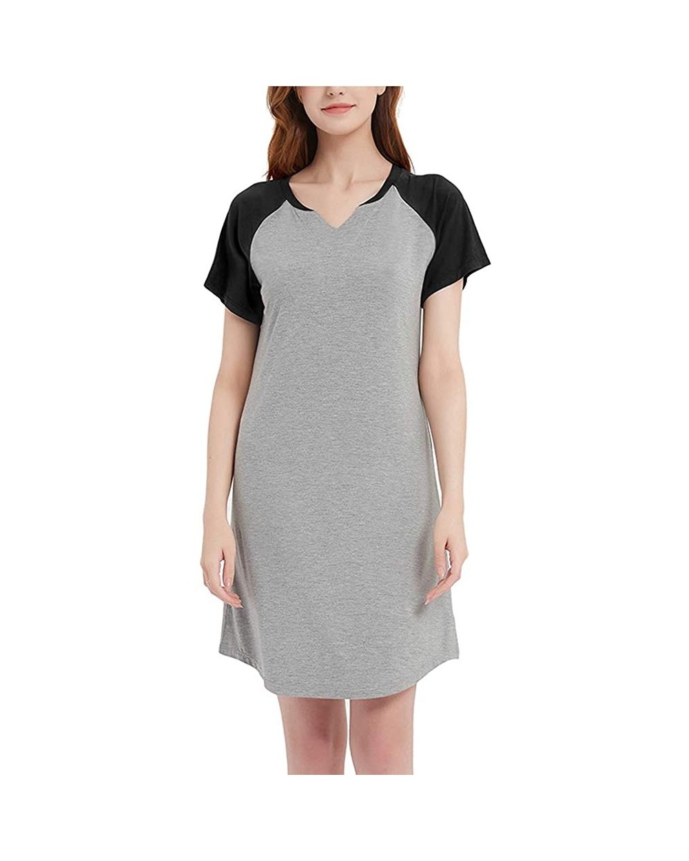 Nightgown for Women- Short Sleeve V-Neck Sleep Shirts Women Soft Bamboo Nightdress - Gray+black - CG198470COY $22.60 Nightgow...